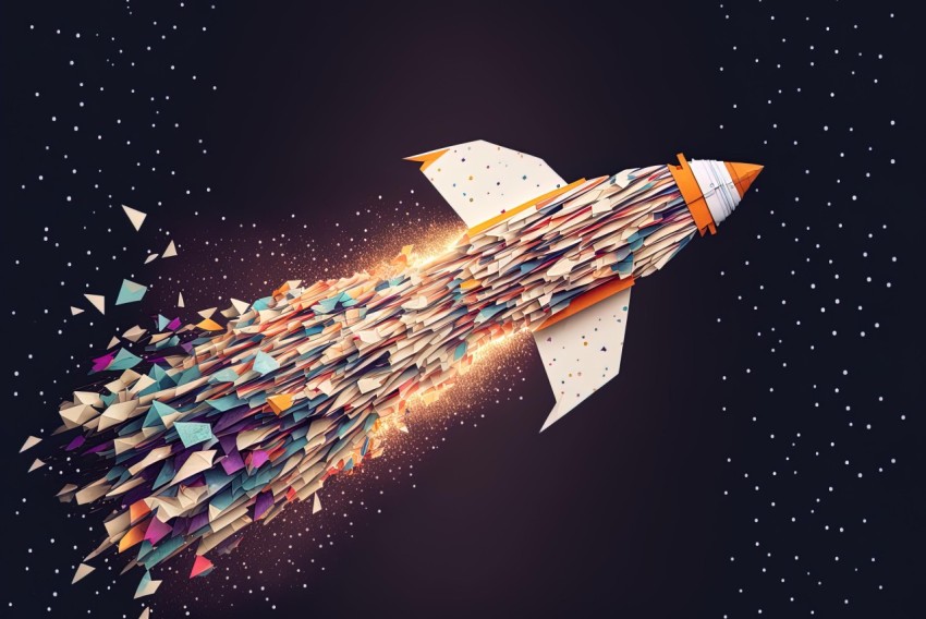 Abstract Paper Rocket Flying with Colorful Explosions and Multilayered Textures