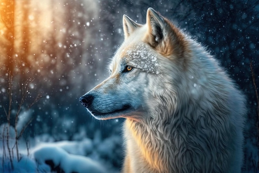 White Wolf in Winter Forest - Realistic Portraiture with Luminous Brushwork