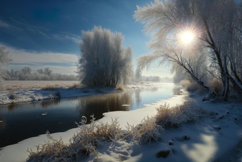 Sunny Winter Landscape with Snow-Covered Trees | Romantic Riverscapes