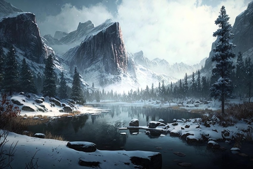 Winter Landscape with Water and Mountains | PlayStation Style