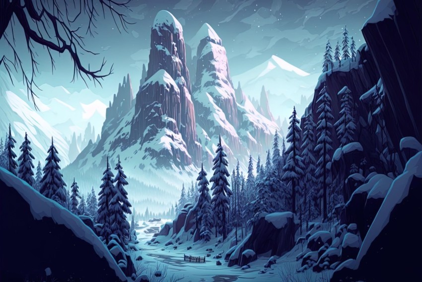 Snowy Mountain Landscape - Fantasy Art Illustration