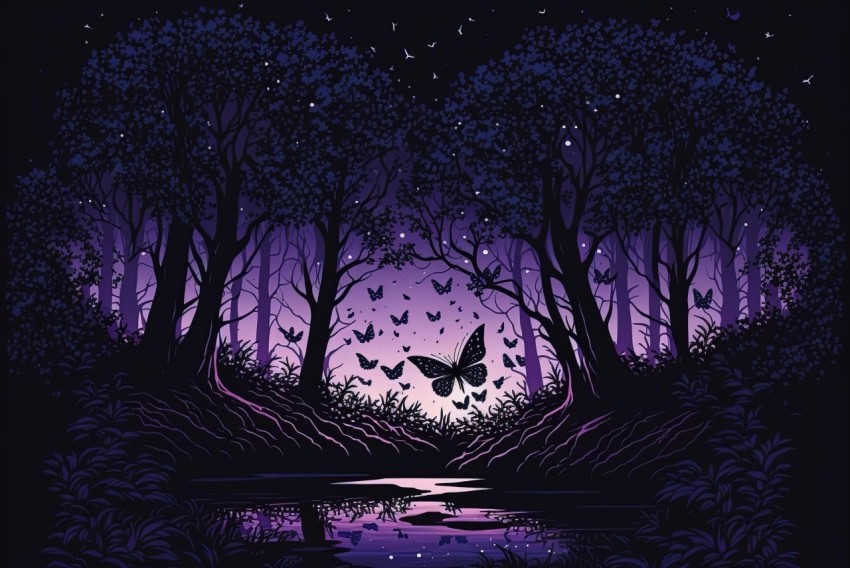 Mystical Purple Forest at Night with Butterflies - Romantic Illustration