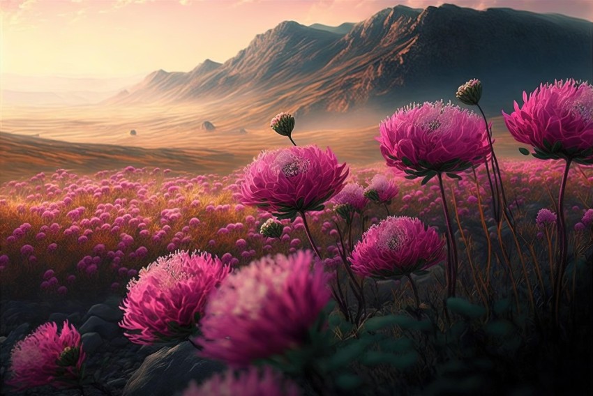 Stunning Hyper-Realistic Mountain Landscape with Pink Flowers