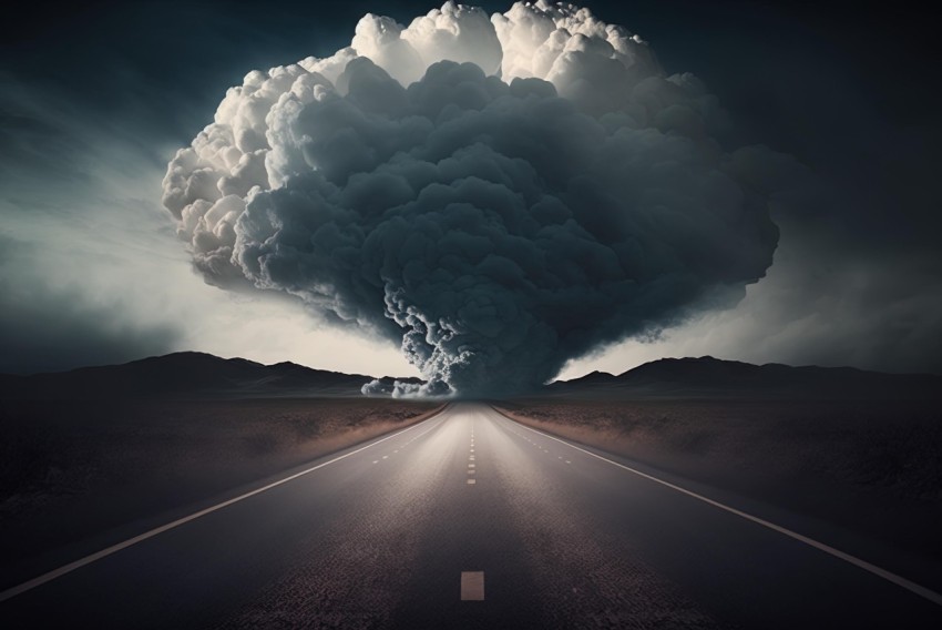 Exploding Cloud over Empty Road | Ominous Landscapes | Dark Cyan and Beige