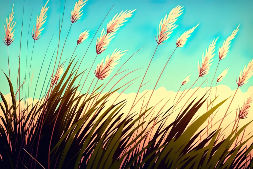 Vibrant Illustration of Tall Grass with Blue Sky