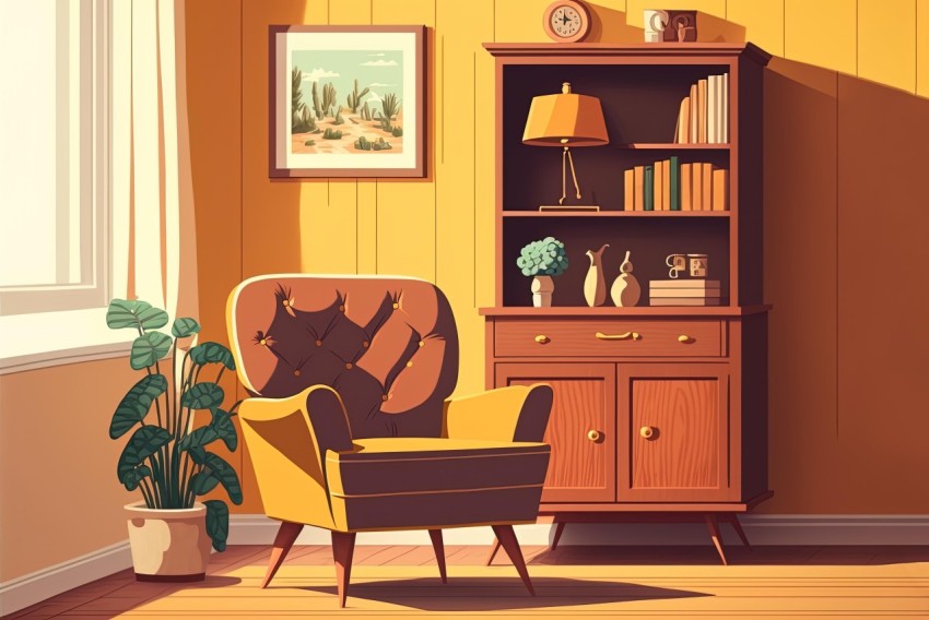 Vintage Yellow House Interior Illustration - Realistic and Detailed Design