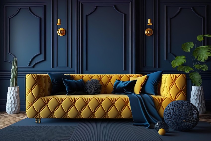 Luxurious Gold Couch with Blue Wall - Dark Blue and Yellow Style