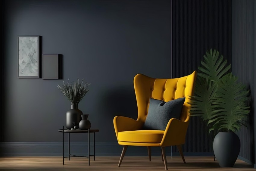 Yellow Chair in Exotic Dark Room with Rich Color Palette