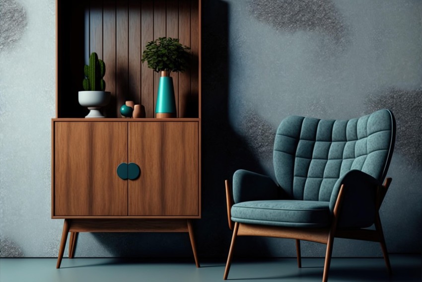 Retro Armchair and Wood Cabinet in Dark Teal and Light Gray