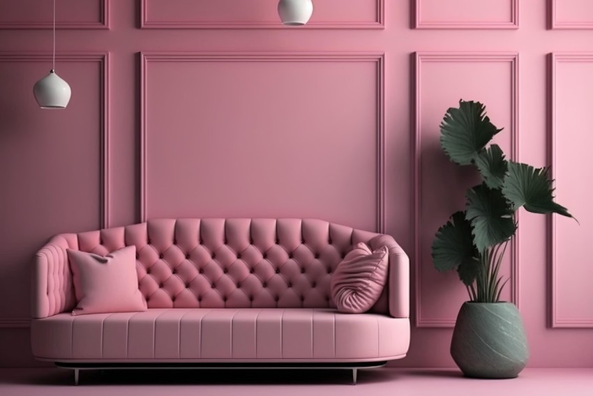 Pink Living Room with Big Couch and Plants in Futuristic Victorian Style