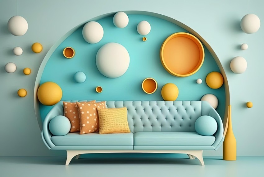 Abstract Illustration with Blue Sofa and Yellow Spheres