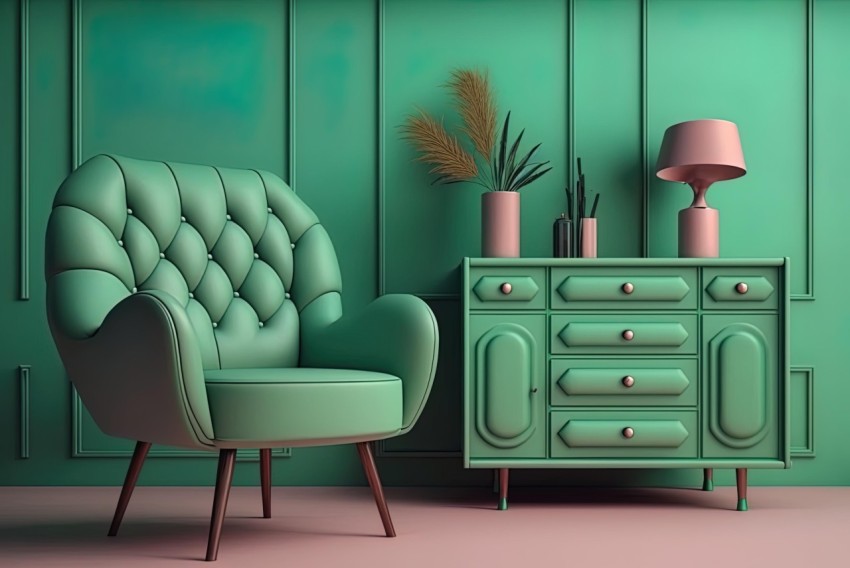 Modern Interior Scene with Pink Armchair and Blue Dresser | Hyper-Detailed Rendering