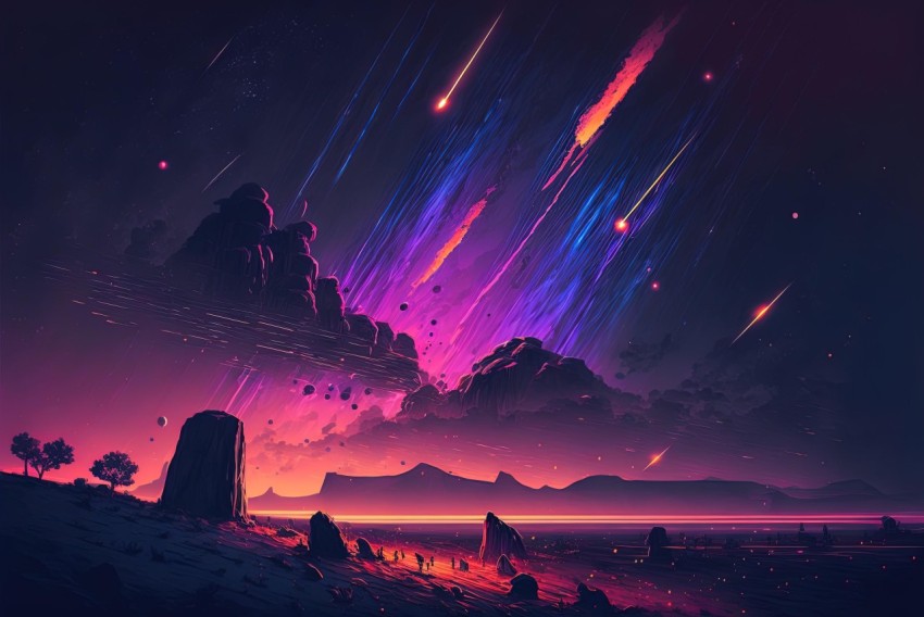 Purple Sky with Stars and Mountain - Crisp Neo-Pop Illustration