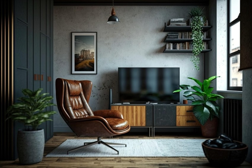 Industrial-Inspired Living Room with TV, Plants, and Chair