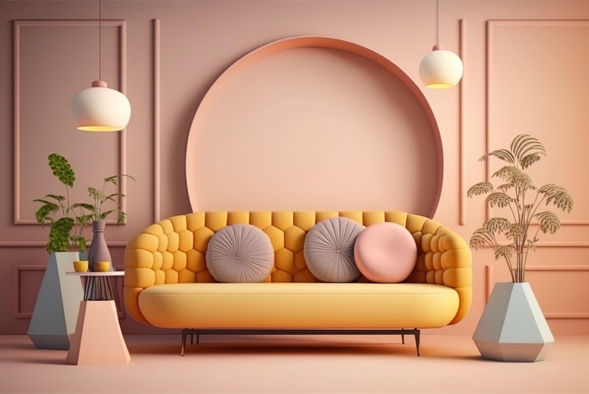 Trendy 3D Rendering of a Room with Yellow Pillows and Plants