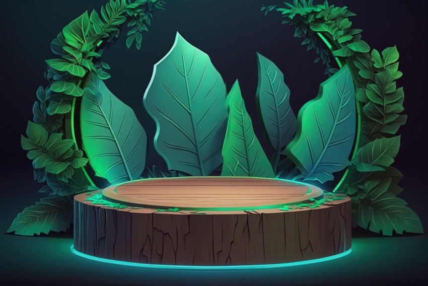 Wooden Stump with Neon Ferns and Leaves | Vibrant Stage Backdrops