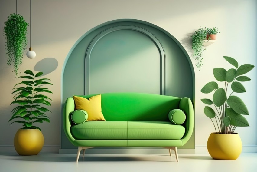 Minimalist Living Room with Green Sofa and Plants