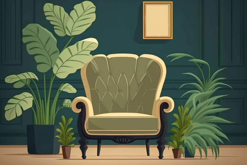 Vintage Interior with Old Chair - Cartoon Style and Detailed Foliage