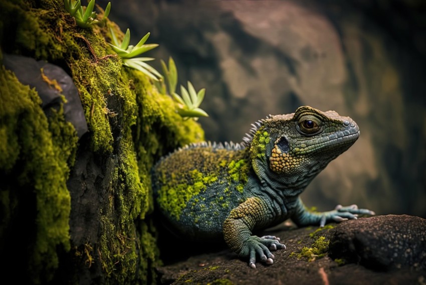 Lizard on Mossy Rock - Dark Turquoise and Dark Green - Intense Lighting