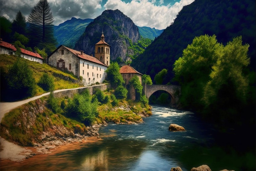 Romantic Countryside with Church and River | Detailed Architecture Paintings