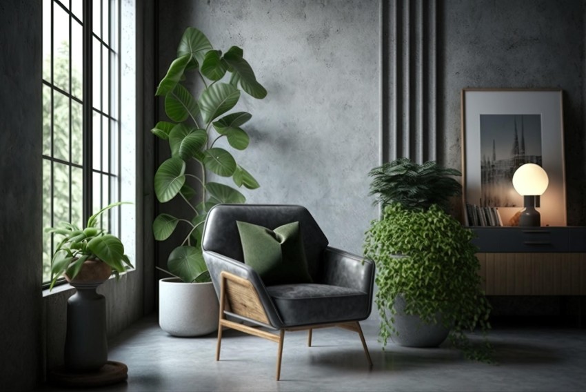 Dark Living Room with Plant and Grey Armchair - Realistic and Detailed Design