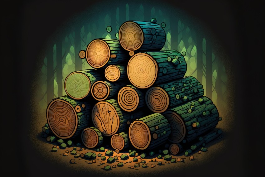 Detailed Illustration of Wood Logs in Vibrant Cartoonish Style