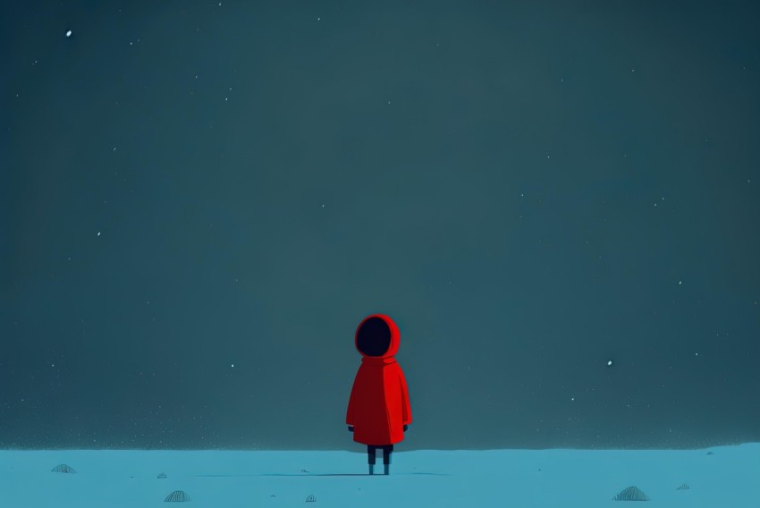 Minimalistic Animation: Red Hooded Man on Moon