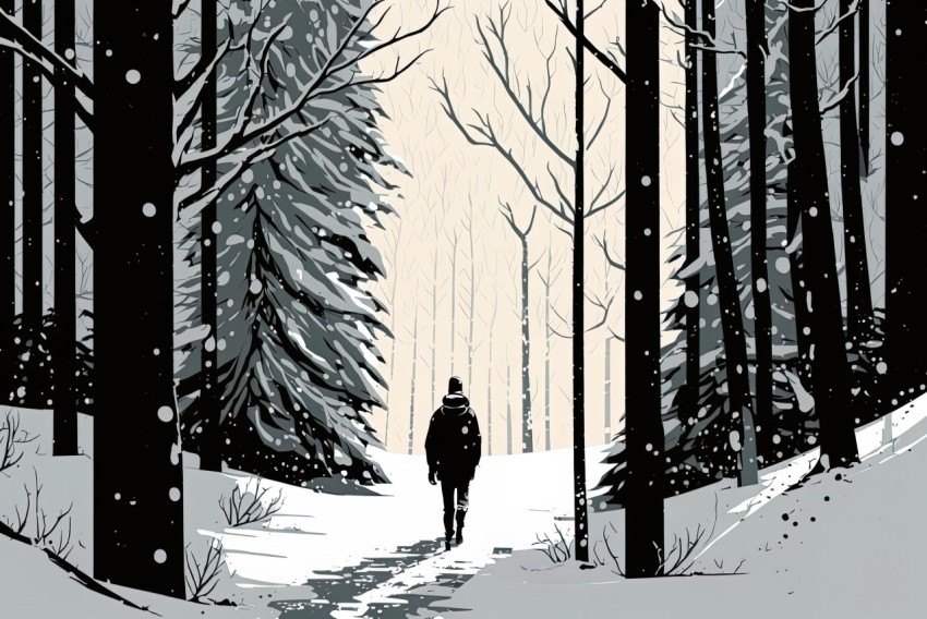 Walking Through a Snowy Forest - Monochrome Landscape Illustration