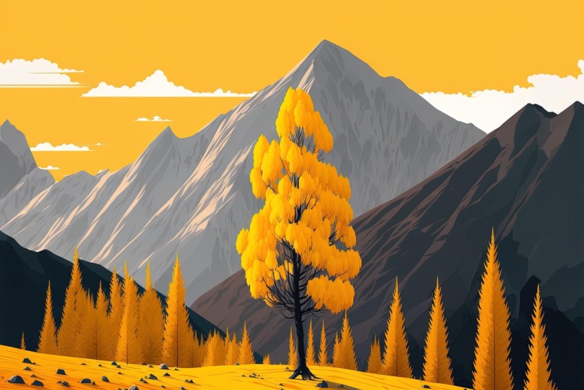 Yellow Tree with Mountains - Graphic Composition