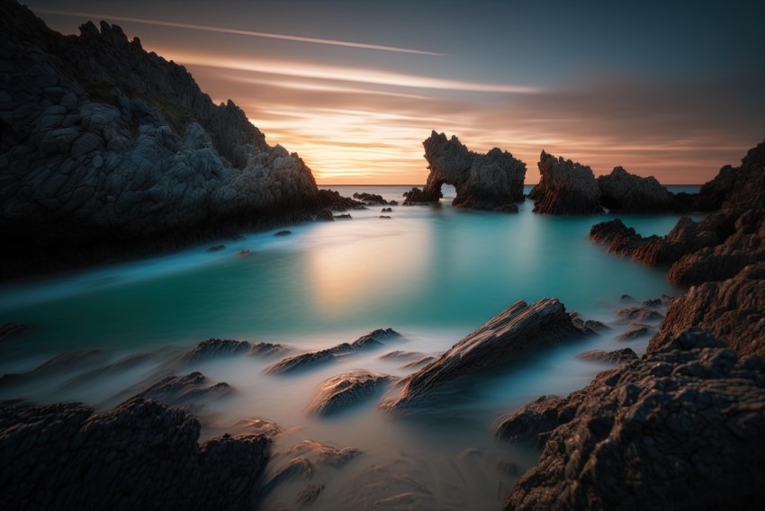 Coast Sunset with Rocks: Captivating Cyan and Bronze Photography