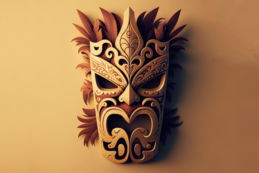 Intricate Wooden Mask on Beige Background | Maori Art Inspired