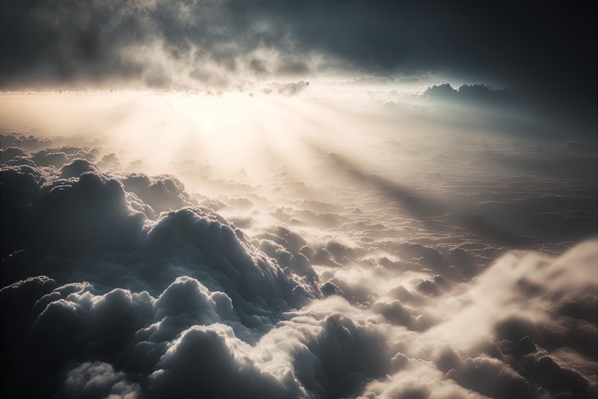 Surrealistic Dreamlike Cloudscape with Sun and Aircraft
