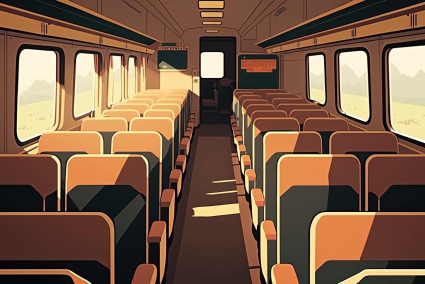 Interior Train Car Illustration in Warm Tones and Flat Perspectives