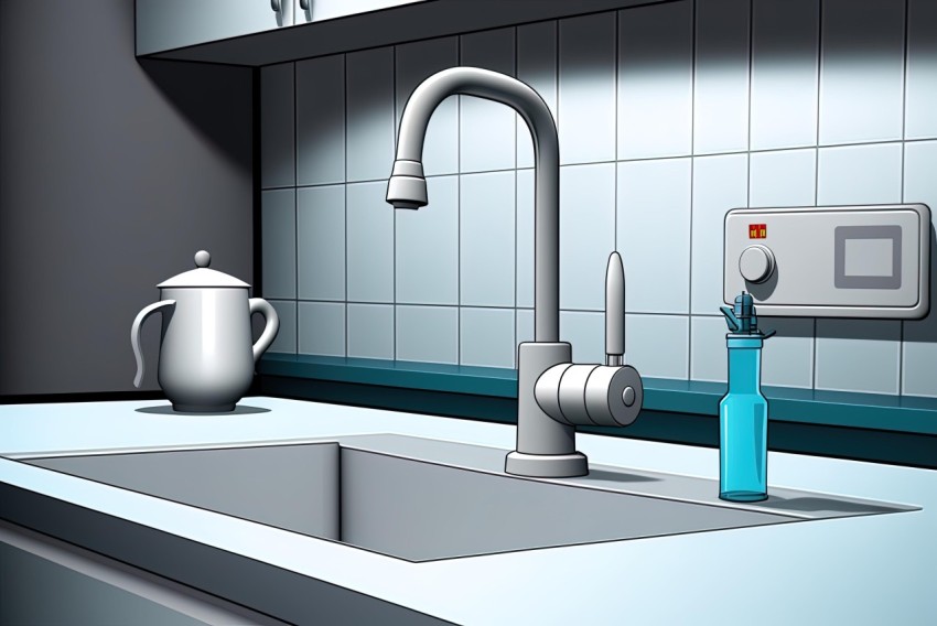 Black Sink with Blue Kettle - Cartoon Mis-en-Scene with Realistic Lighting