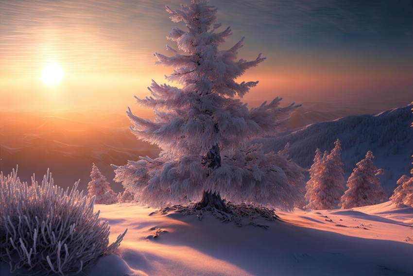 Serene Winter Landscape: Hyperrealistic White Tree Covered in Snow