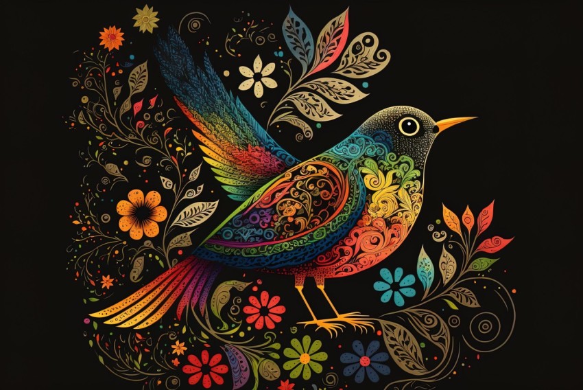 Colorful Bird with Floral Designs in Dazzling Chiaroscuro Style
