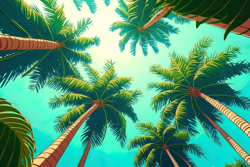 Detailed Cartoon Palm Trees in Bright Sunny Sky