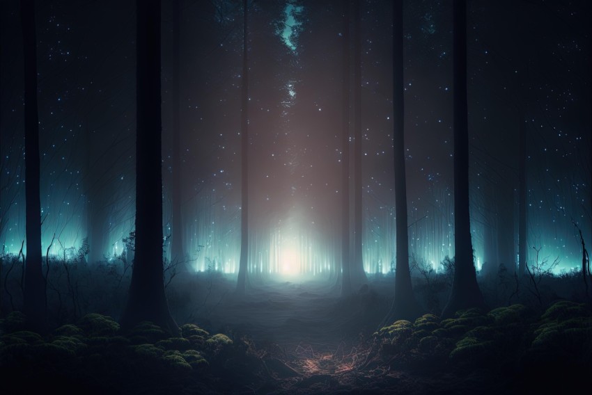Glowing Light Forest - Dark Cyan and Dark Brown Ethereal Illustrations
