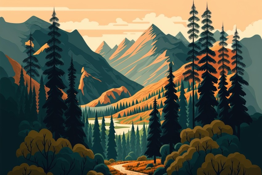 Colorful Forest and Mountains Painting | Bold Outlines and Flat Colors