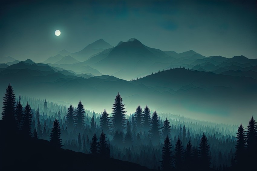 Dark Teal and Light Emerald Trees in the Mountains at Night | Rural Landscapes