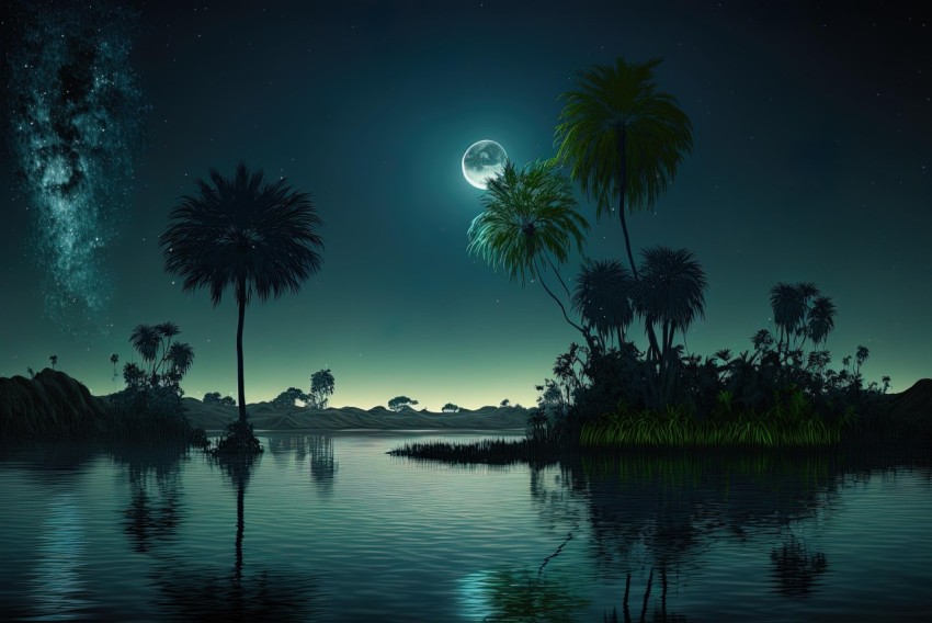 Night Scene with Palm Trees by the Water - Delicate Fantasy Worlds