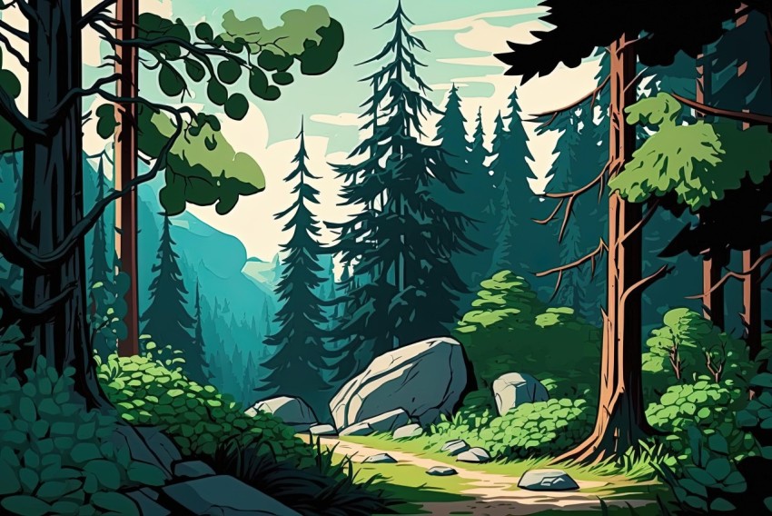 Forest Path Illustration with Rocks and Trees