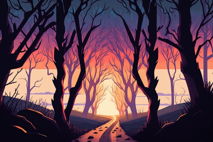 Dark Woods Illustration: Colorful Landscapes and Necronomicon Inspiration