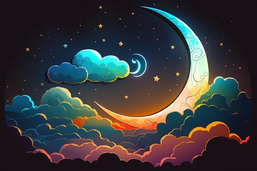 Colorful Cartoon Crescent Moon and Star in Detailed Dreamscapes
