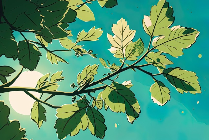 Detailed Leaves Illustration on Branch | Green and Cyan Tones