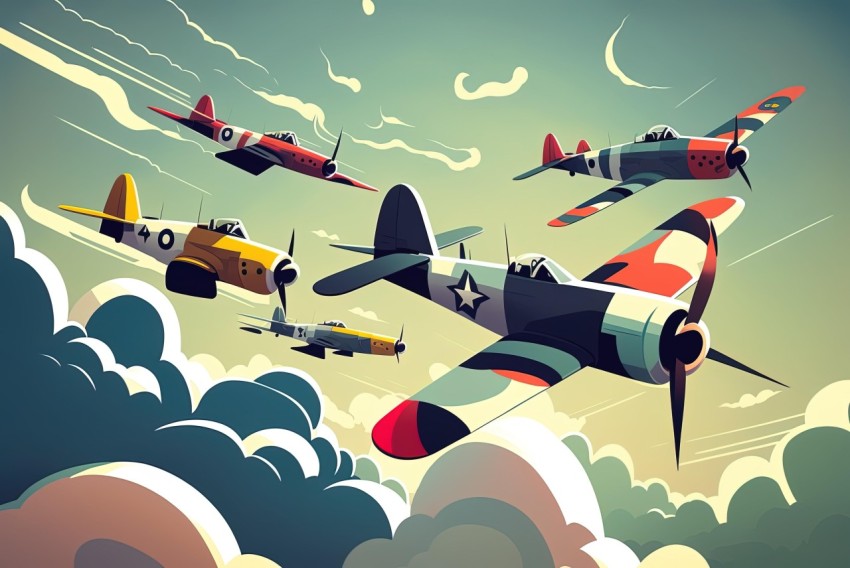 Vintage Comic Style: Colorful Planes Flying in the Sky