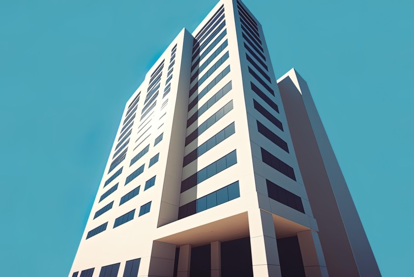 Sleek and Stylized 3D Building with Blue Sky and White