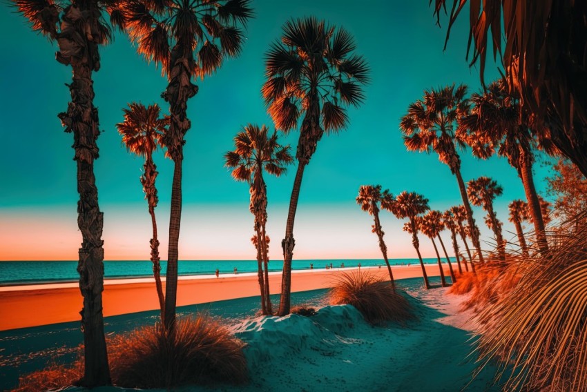 Serenity at Sunset: Beach with Palm Trees and Ocean