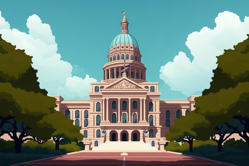 State Capitol Building Cartoon Illustration with Lush Landscape Backgrounds