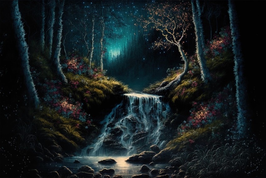 Enchanting Nighttime Waterfall in the Woods - Norwegian Nature